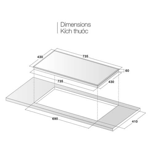Kích thước bếp từ 2 vùng nấu Eurosun EU-T210Max