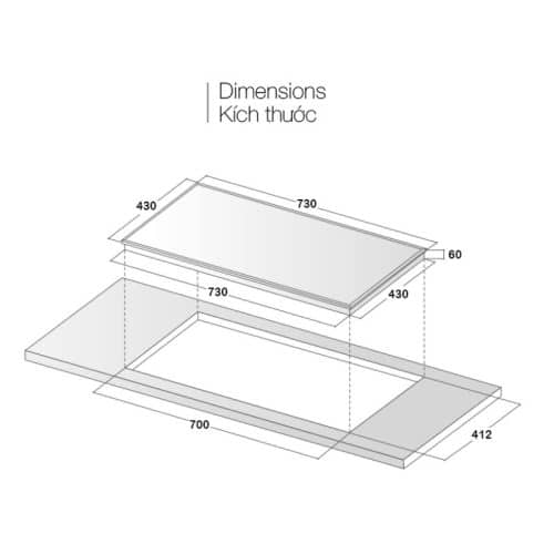 Kích thước bếp từ 2 vùng nấu Eurosun EU-T508Max